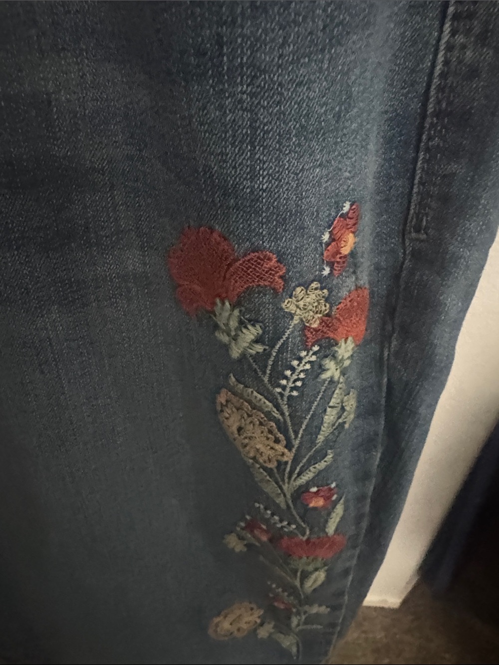 Style & Co. Medium Blue Boyfriend Jeans with Red Floral Embroidery - Picture 4 of 5